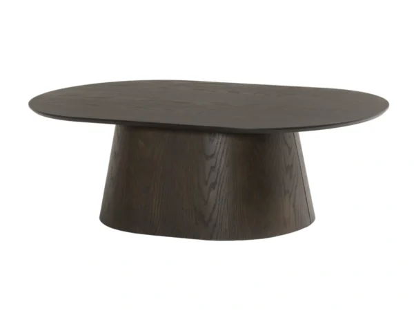 Trendy donkerbruine salontafel met een verfijnde, eikenhouten uitstraling. Deze tafel is uitgevoerd met een ovaal houten blad en ovale onderstel.