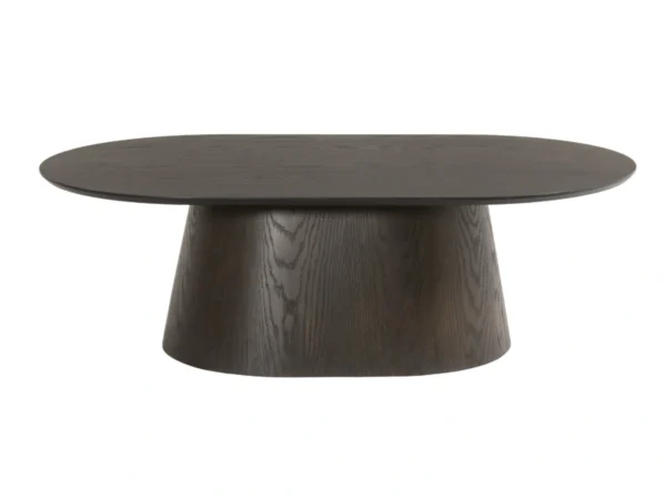 Trendy donkerbruine salontafel met een verfijnde, eikenhouten uitstraling. Deze tafel is uitgevoerd met een ovaal houten blad en ovale onderstel.