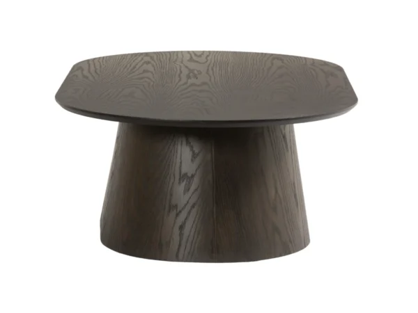 Trendy donkerbruine salontafel met een verfijnde, eikenhouten uitstraling. Deze tafel is uitgevoerd met een ovaal houten blad en ovale onderstel.