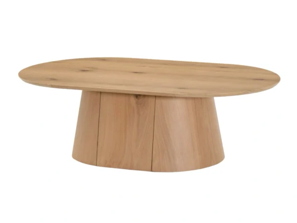 Trendiger Couchtisch in raffinierter Eichenoptik. Dieser moderne Tisch hat eine ovale Holzplatte und einen ovalen Sockel.