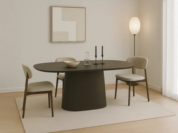 Table de salle à manger tendance en marron foncé avec un aspect chêne raffiné. Cette table moderne est dotée d'un plateau ovale en bois.