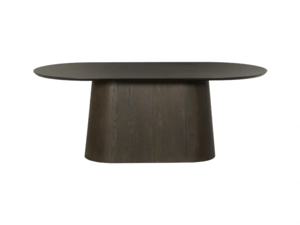 Table de salle à manger tendance en marron foncé avec un aspect chêne raffiné. Cette table moderne est dotée d'un plateau ovale en bois.