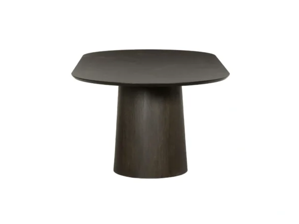Table de salle à manger tendance en marron foncé avec un aspect chêne raffiné. Cette table moderne est dotée d'un plateau ovale en bois.