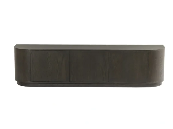 Meuble TV tendance marron foncé avec un aspect chêne raffiné. Ce meuble TV moderne est doté de côtés arrondis.
