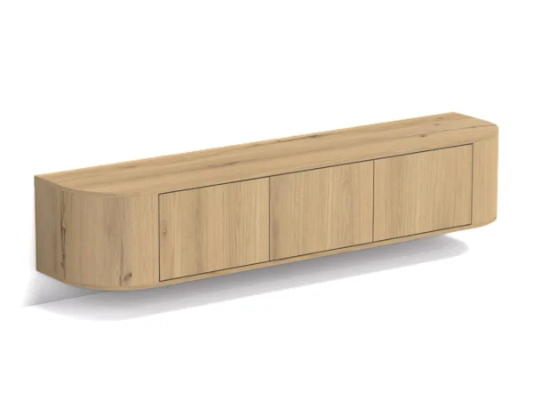 Meuble TV flottant tendance au look chêne raffiné. Ce meuble TV moderne flotte et s'accroche au mur.