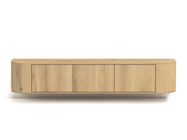 Meuble TV flottant tendance au look chêne raffiné. Ce meuble TV moderne flotte et s'accroche au mur.