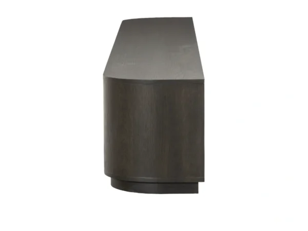 Meuble TV tendance marron foncé avec un aspect chêne raffiné. Ce meuble TV moderne est doté de côtés arrondis.
