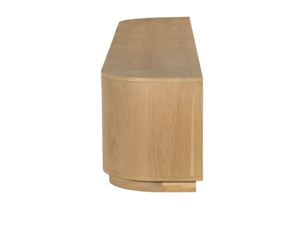 Trendy TV cabinet with a refined, oak look. This modern TV cabinet is finished with rounded sides and hinged doors.