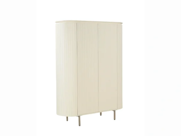 Beige wall cupboard with chic, stylish look. This beige cabinet is characterised by its elegant, rounded lines and wooden slats.