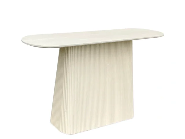 Beige side table with chic, stylish look. This trendy wall table features rounded sides centre leg.