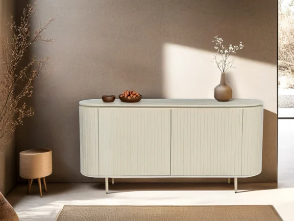Beige sideboard with chic, stylish look. This trendy sideboard features rounded sides and hinged doors.