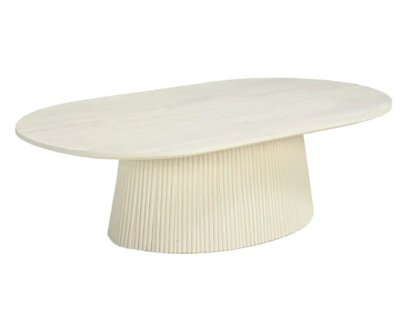 Table basse beige au look chic et élégant. Cette table tendance est dotée d'un plateau arrondi, d'un design branché et d'un élégant pied fuselé.