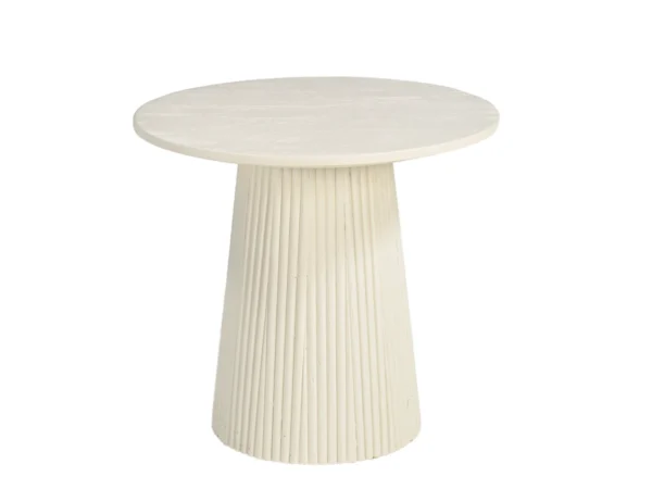 Beige bijzettafel met chique, stijlvolle uitstraling. Deze trendy tafel is uitgevoerd met een rond blad, trendy design en  stijlvolle conische poot