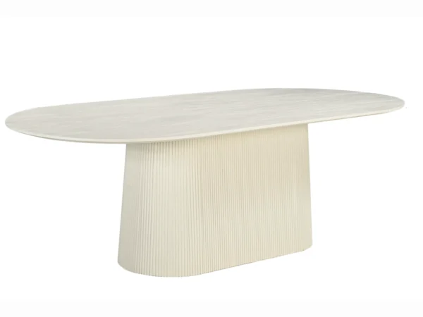 Beige dining table with chic, stylish look. This trendy table features a rounded top, trendy design, tapered leg.