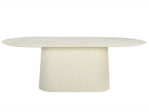 Beige dining table with chic, stylish look. This trendy table features a rounded top, trendy design, tapered leg.