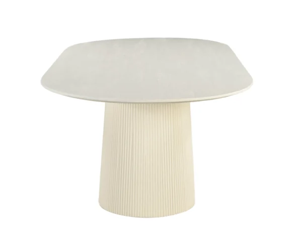Beige dining table with chic, stylish look. This trendy table features a rounded top, trendy design, tapered leg.