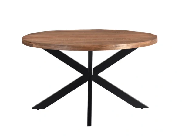 Runder Esstisch in natürlichem Design aus langlebigem Hartholz mit Metallbein. Dieser Tisch hat ein Spinnenbein und eine runde Platte.