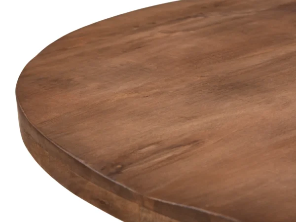 Runder Esstisch in natürlichem Design aus langlebigem Hartholz mit Metallbein. Dieser Tisch hat ein Spinnenbein und eine runde Platte.