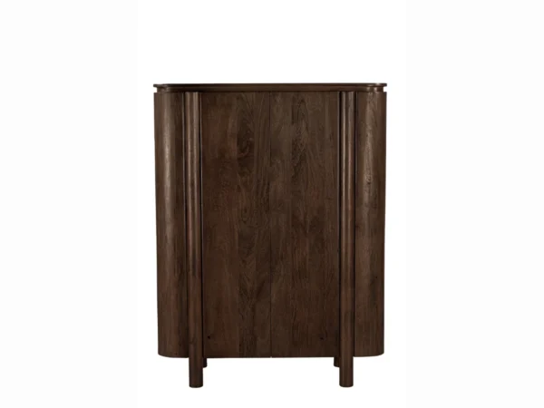 Moderne donkerbruine wandkast met rond design en opvallende poten. Deze houten kast is uitgevoerd met afgeronde zijkanten en draaideuren.