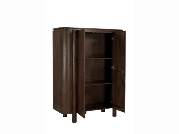 Moderne donkerbruine wandkast met rond design en opvallende poten. Deze houten kast is uitgevoerd met afgeronde zijkanten en draaideuren.