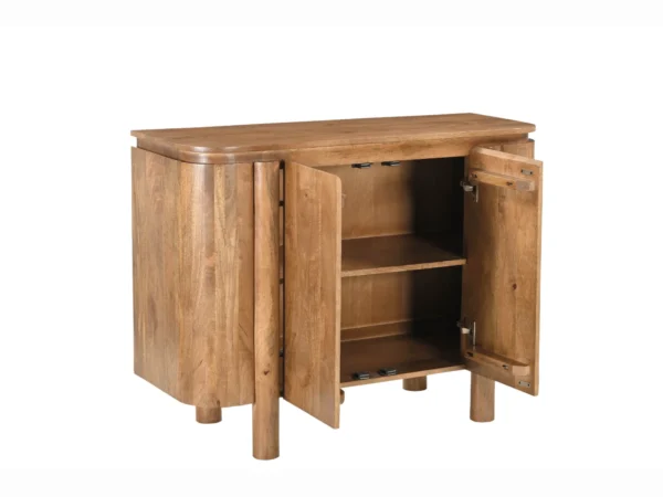 Modern dressoir met rond design en opvallende poten. Dit houten dressoir is uitgevoerd met afgeronde zijkanten en draaideuren.