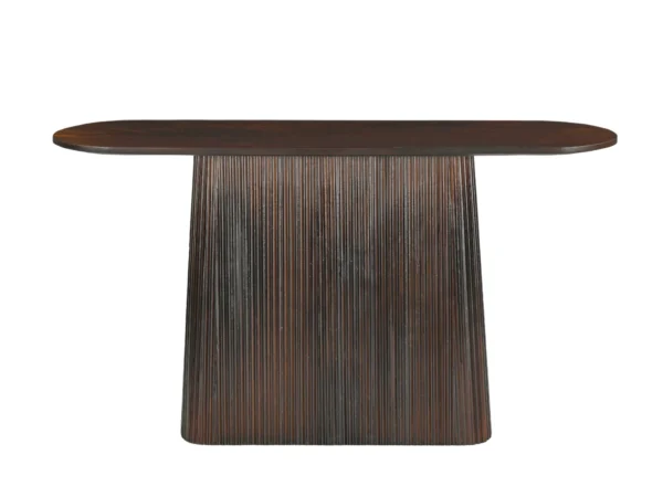 Unique dark brown side table with a chic slatted base. This sidetable features a rounded top, trendy design.
