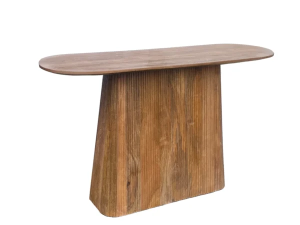 Unique side table with a chic slatted base. This wall table features a rounded top, trendy design.