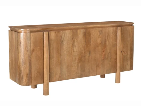 Modern dressoir met rond design en opvallende poten. Dit houten dressoir is uitgevoerd met afgeronde zijkanten en draaideuren.