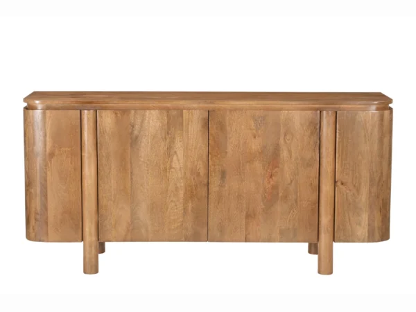 Modern dressoir met rond design en opvallende poten. Dit houten dressoir is uitgevoerd met afgeronde zijkanten en draaideuren.