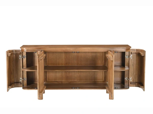 Modern dressoir met rond design en opvallende poten. Dit houten dressoir is uitgevoerd met afgeronde zijkanten en draaideuren.