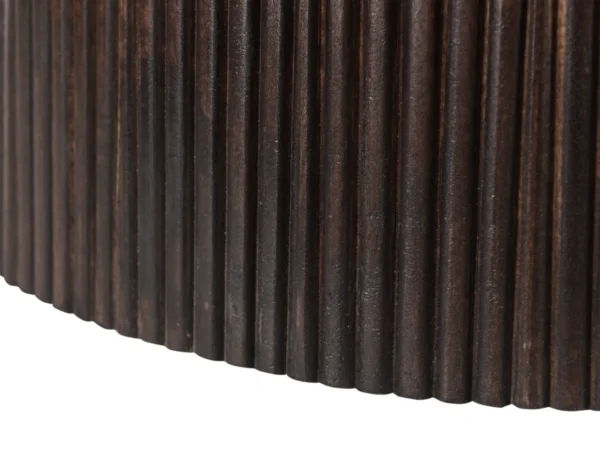 Unique oval dark brown coffee table with a chic slatted base. This table features an oval top, trendy design.