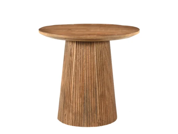 Unieke ronde salontafel met een chique onderstel met latjes. Deze tafel is uitgevoerd met een rond blad, trendy design.