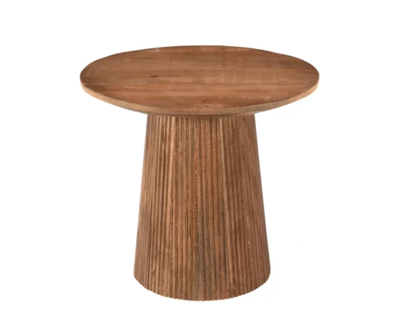 Unieke ronde salontafel met een chique onderstel met latjes. Deze tafel is uitgevoerd met een rond blad, trendy design.