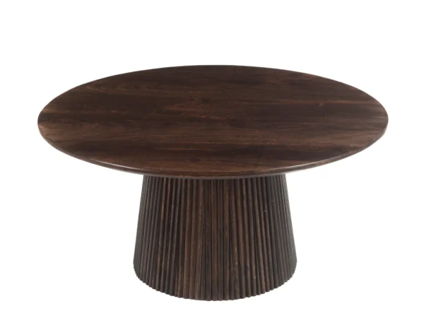 Einzigartiger runder dunkelbrauner Couchtisch mit schickem Lattenrost. Dieser Tisch hat eine runde Platte und ein trendiges Design.