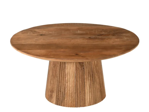 Unieke ronde salontafel met een chique onderstel met latjes. Deze tafel is uitgevoerd met een rond blad, trendy design.