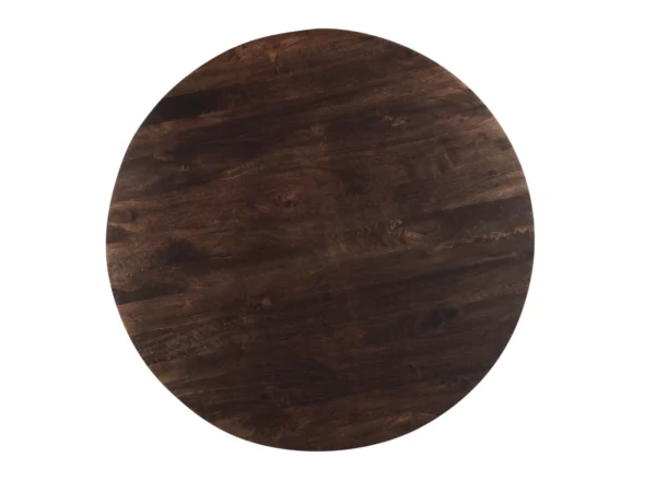 Table de salle à manger ronde de couleur marron foncé avec un piètement chic en lattes. Cette table est dotée d'un plateau rond et d'un design tendance.