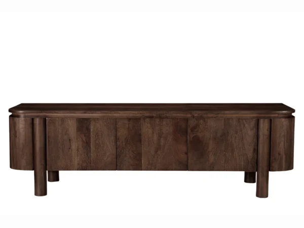 Meuble TV moderne de couleur marron foncé avec un design rond et des pieds remarquables. Ce meuble TV se caractérise par un design rond et des pieds ronds typiques.