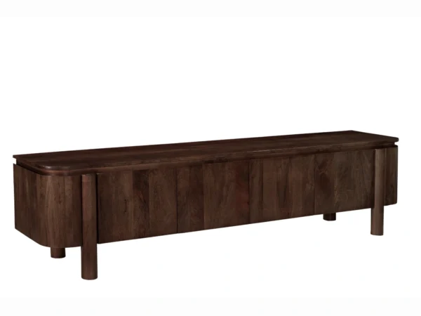 Meuble TV moderne de couleur marron foncé avec un design rond et des pieds remarquables. Ce meuble TV se caractérise par un design rond et des pieds ronds typiques.