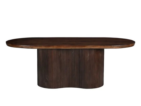 Dark brown dining table with a wavy slat base. This table features a rounded top, trendy separate wavy leg.