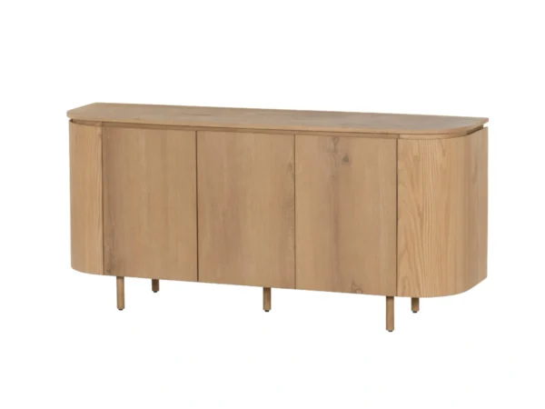Trendy dressoir met een verfijnde, eikenhouten uitstraling. Dit modern dressoir is uitgevoerd met afgeronde zijkanten en draaideuren.