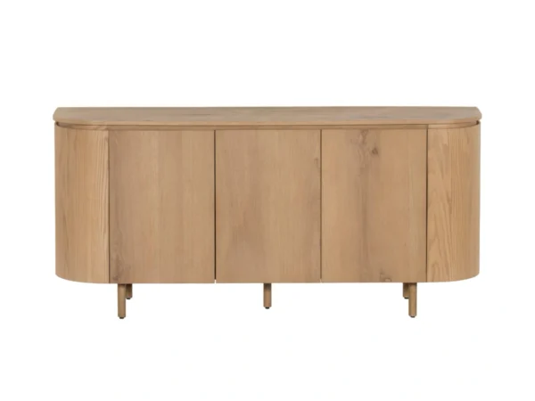 Trendy dressoir met een verfijnde, eikenhouten uitstraling. Dit modern dressoir is uitgevoerd met afgeronde zijkanten en draaideuren.