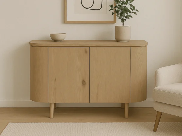 Trendy dressoir met een verfijnde, eikenhouten uitstraling. Dit modern dressoir is uitgevoerd met afgeronde zijkanten en draaideuren.