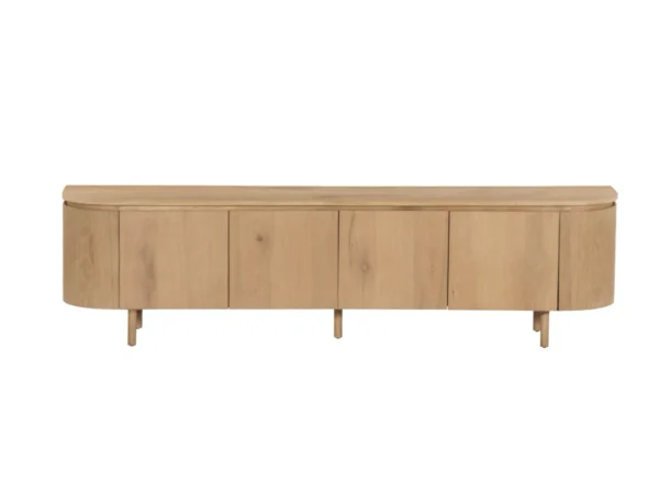 Trendy Tv-meubel met een verfijnde, eikenhouten uitstraling. Dit Tv-meubel typeert zich door het afgerond lijnenspel en eikenhouten look.