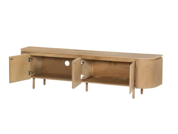 Trendy Tv-meubel met een verfijnde, eikenhouten uitstraling. Dit Tv-meubel typeert zich door het afgerond lijnenspel en eikenhouten look.