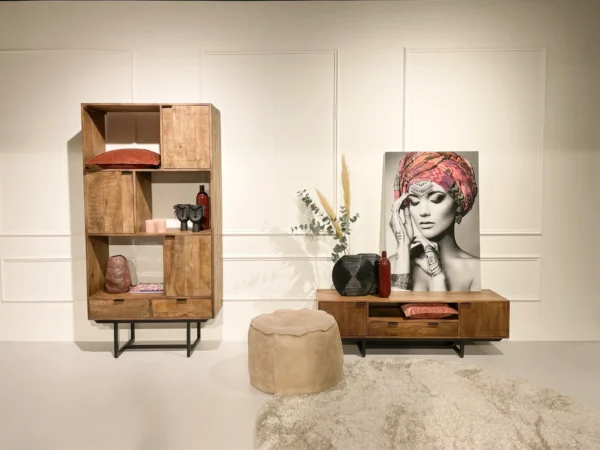 Industrial cabinet with minimalist hinged doors and metal. This wood and metal cabinet features designer hinged doors.