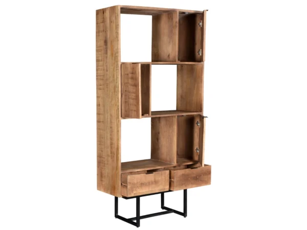 Industrial cabinet with minimalist hinged doors and metal. This wood and metal cabinet features designer hinged doors.