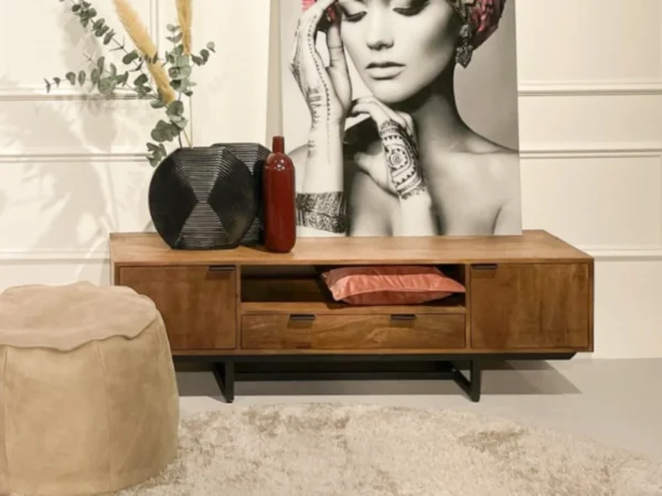 Industrieller TV-Schrank mit minimalistischen Flügeltüren und Metall. Dieser industrielle TV-Schrank hat einen minimalistischen Stil und schlanke Türen.