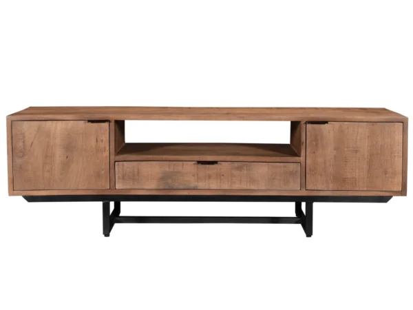 Industrieller TV-Schrank mit minimalistischen Flügeltüren und Metall. Dieser industrielle TV-Schrank hat einen minimalistischen Stil und schlanke Türen.