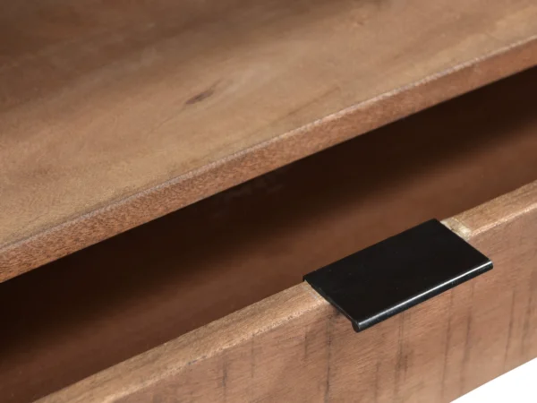 Industrieller TV-Schrank mit minimalistischen Flügeltüren und Metall. Dieser industrielle TV-Schrank hat einen minimalistischen Stil und schlanke Türen.